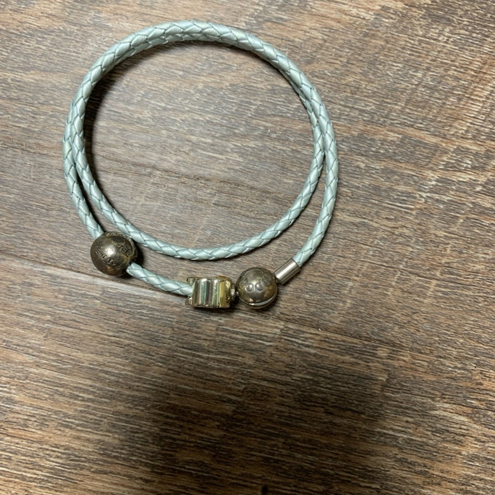 Pandora Silver Double Leather Wrap Bracelet with Snoopy/Woodstock Charm